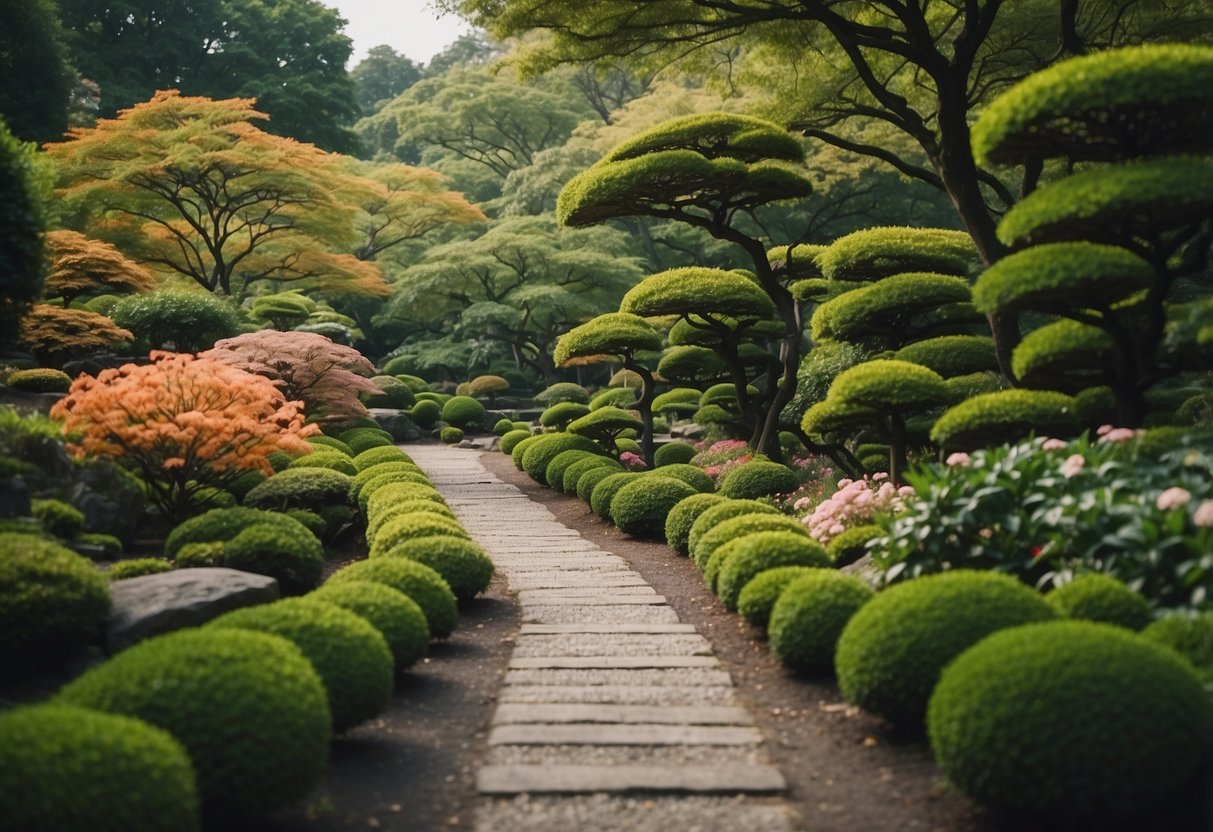 A winding path through a Japanese garden, lined with lush greenery and vibrant flowers, leading towards a serene and peaceful atmosphere