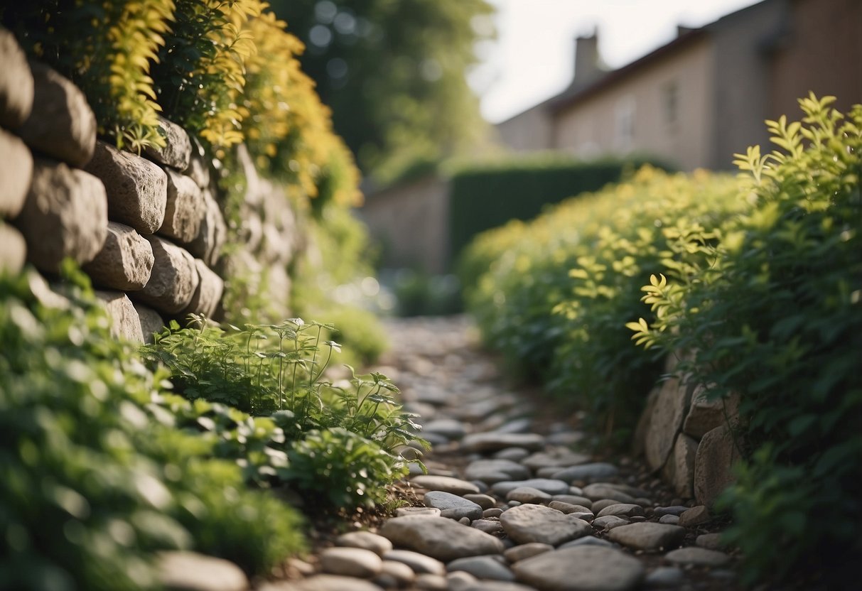 A stone wall surrounds a rustic garden, creating boundaries and adding a touch of natural charm to the landscape