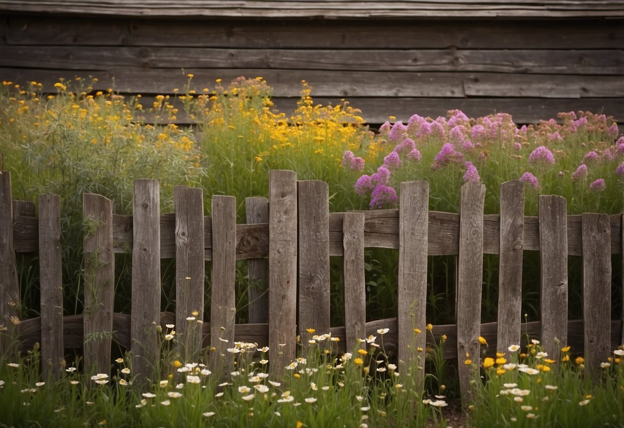 Weathered barn wood panels form a rustic garden fence, surrounded by wildflowers and a winding pathway