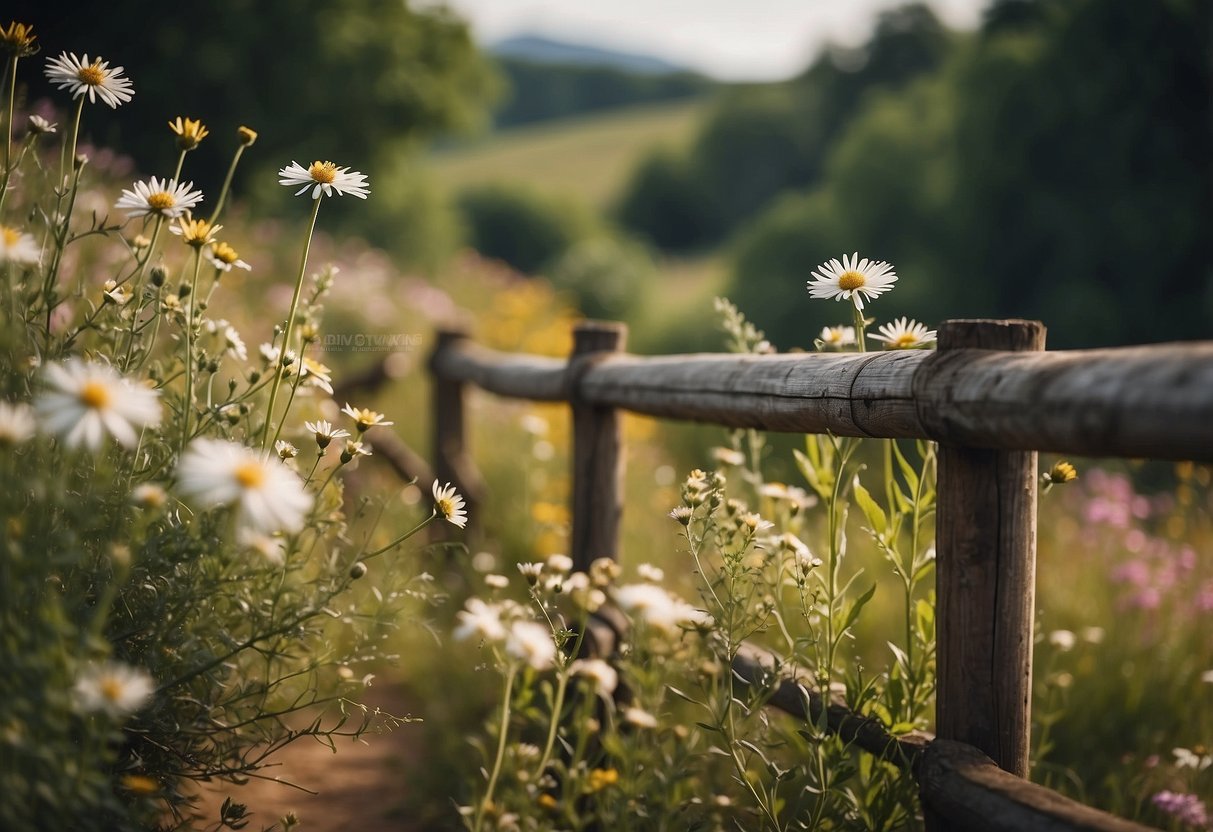 Rustic metal panels form a weathered garden fence, surrounded by wildflowers and a winding path