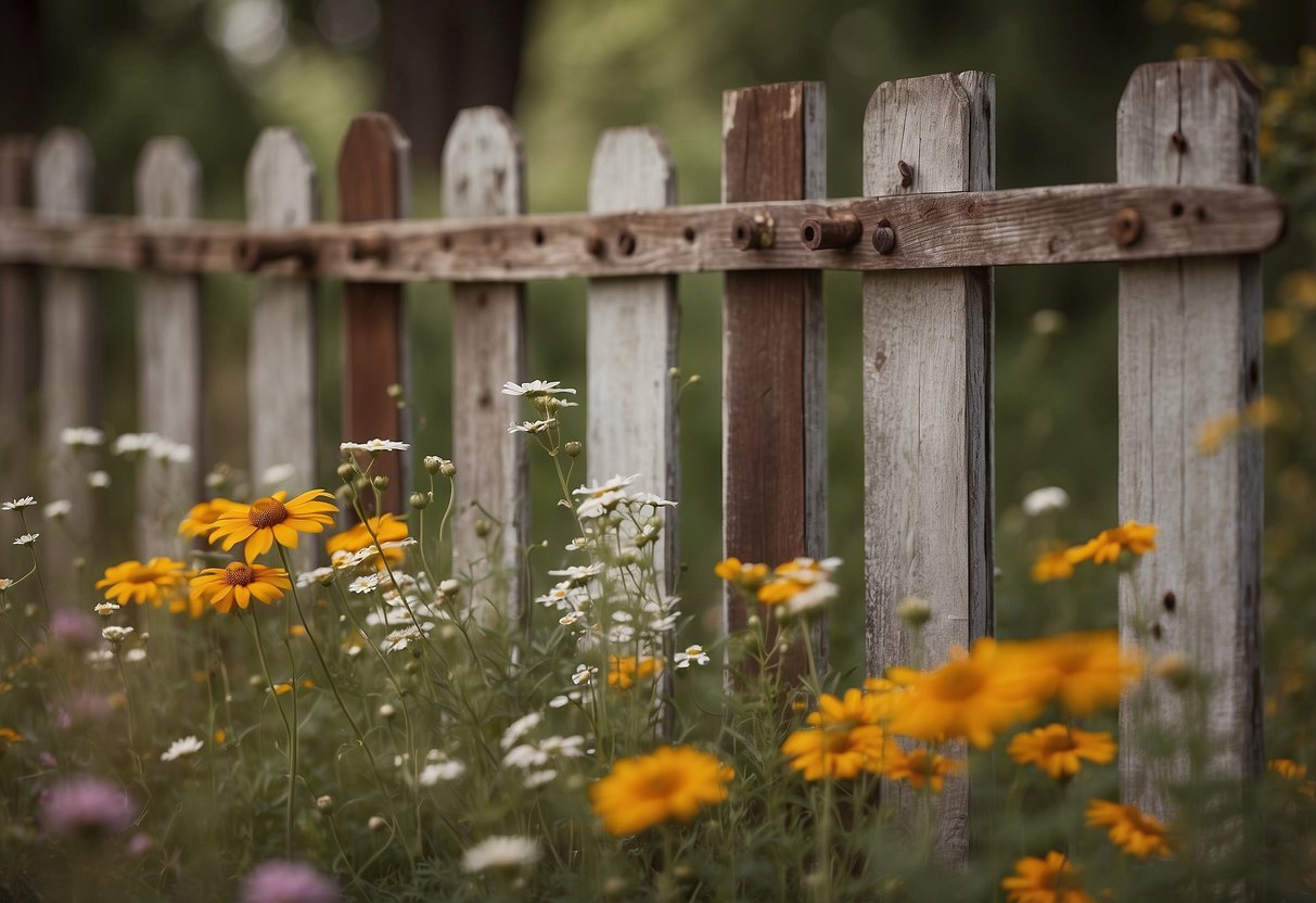 A rustic garden fence made of upcycled doors, weathered wood, and rusty metal hinges. Wildflowers peek through the gaps, adding a touch of whimsy to the charming, shabby-chic scene