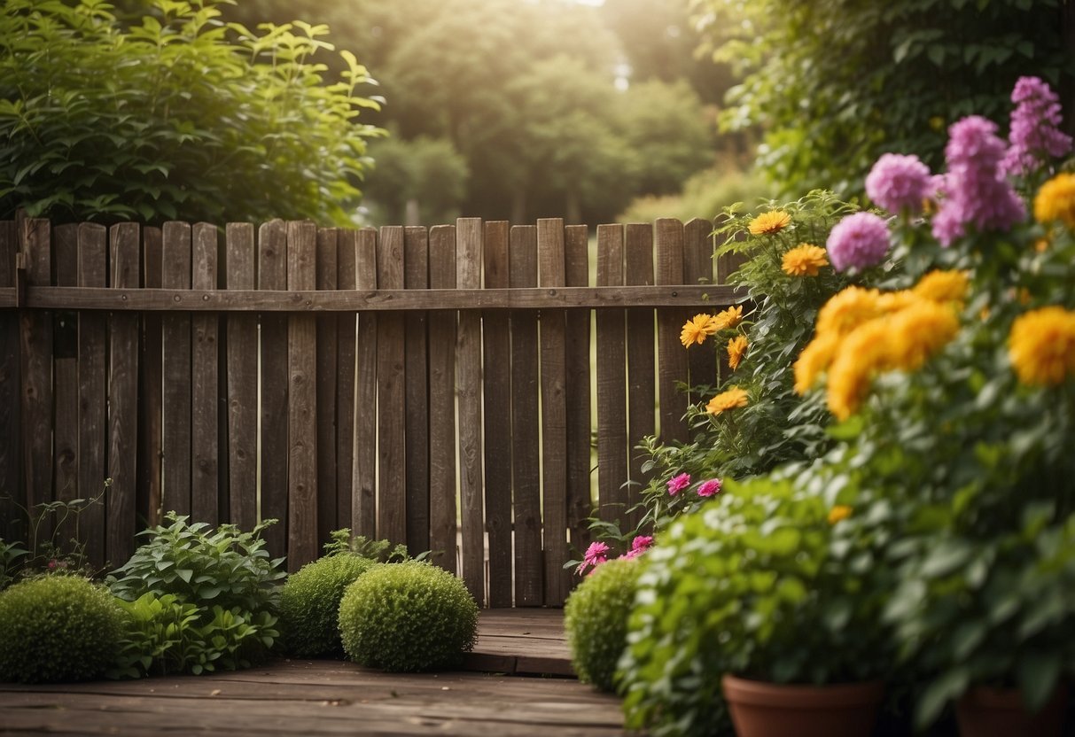 A weathered wooden fence encloses a lush garden, adorned with vintage gardening tools and potted plants. Rustic charm emanates from the aged, yet sturdy, structure