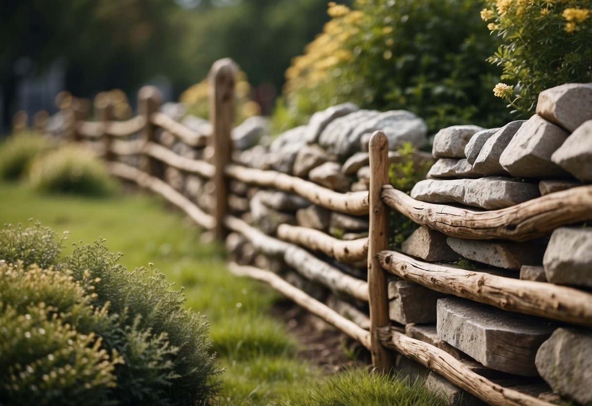 A rustic garden fence made of stone and timber, blending natural elements for a charming and durable boundary