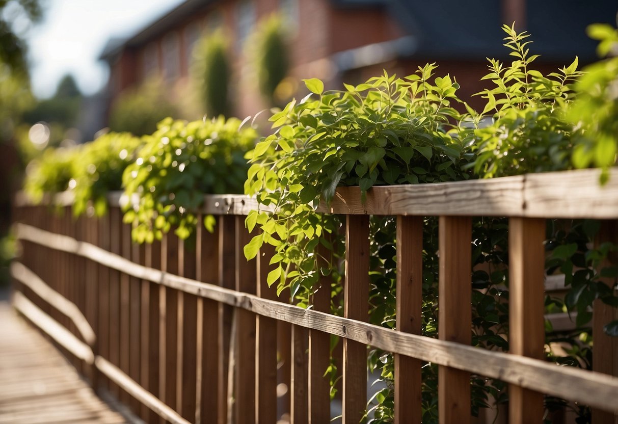 A wooden garden fence being treated with protective sealant and adorned with hanging potted plants and climbing vines