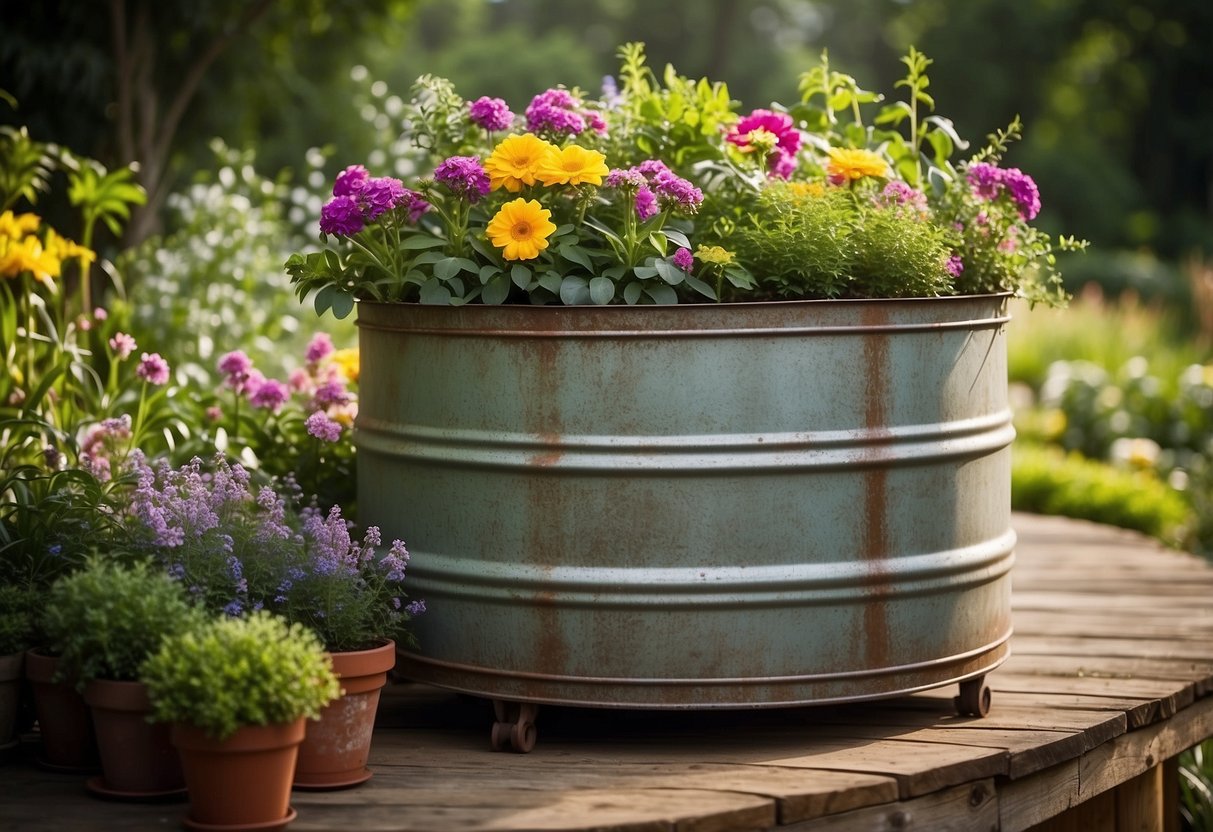 A rustic stock tank planter sits in a lush garden, overflowing with colorful flowers and greenery. The vintage-style metal container adds a touch of charm to the outdoor space