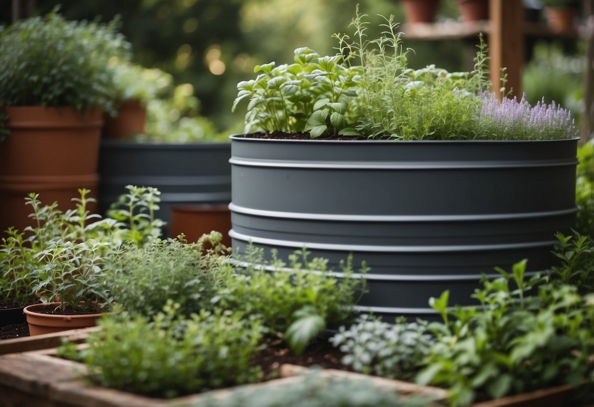 A tiered stock tank herb garden with various herbs growing in separate sections, surrounded by lush greenery and blooming flowers