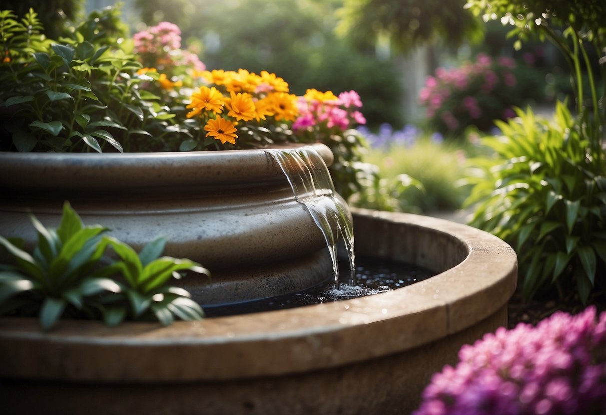 A stock tank is surrounded by lush greenery and colorful flowers, with water gently flowing from a small fountain feature