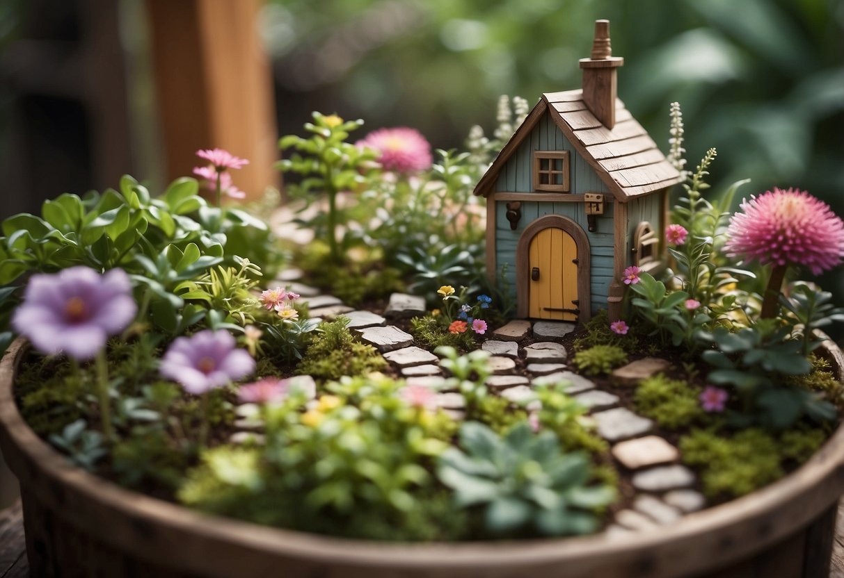 A lush fairy garden blooms inside a rustic stock tank, with tiny houses, winding paths, and colorful flowers creating a whimsical and enchanting scene