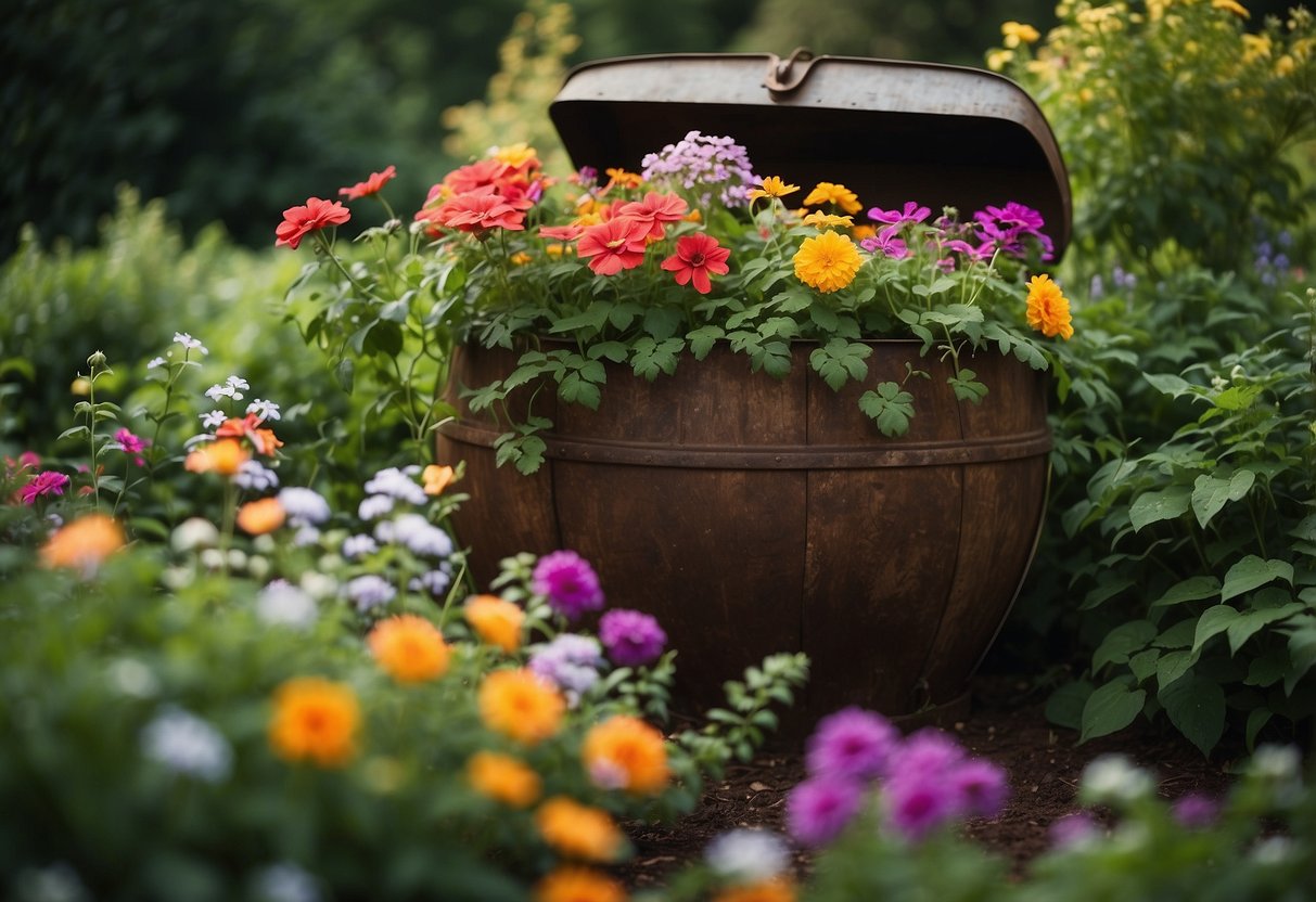 Vibrant flowers overflow from a rustic stock tank, surrounded by lush greenery and trailing vines. The display is a burst of color and life, creating a charming focal point in the garden