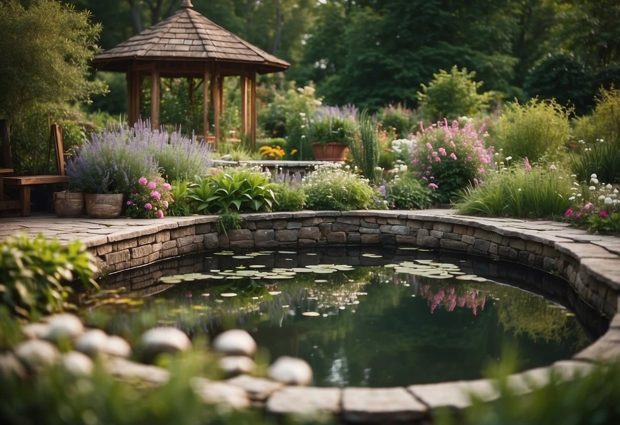 A serene stock tank pond nestled in a rustic garden, surrounded by lush greenery and colorful flowers