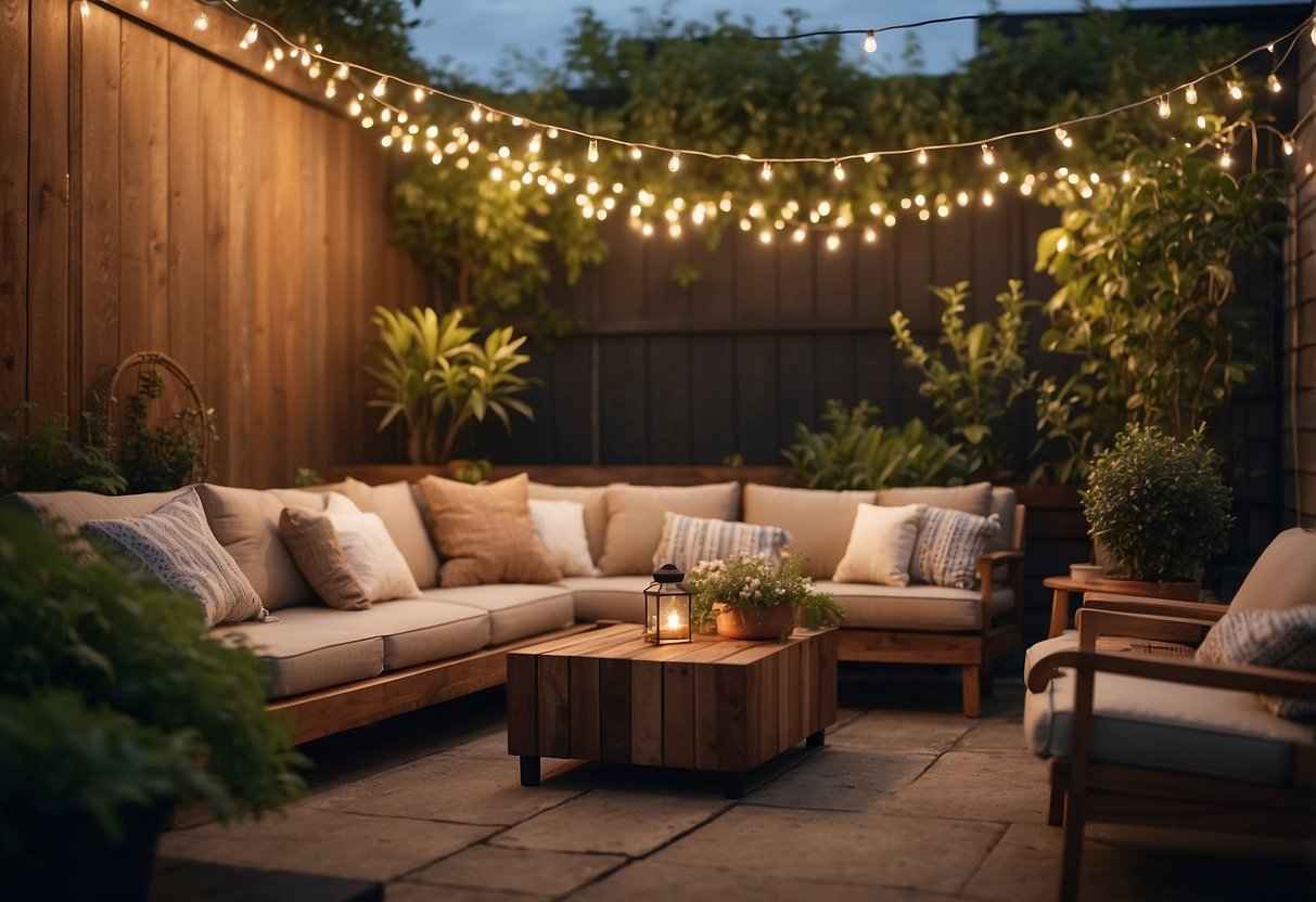 A cozy outdoor lounge space with a stock tank garden, surrounded by potted plants and comfortable seating. A string of lights adds a warm glow to the area