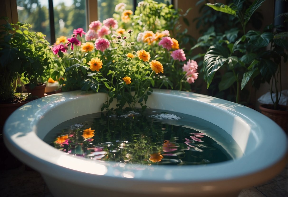 A lush garden tub surrounded by vibrant flowers and greenery, with a clear acrylic material shining under the sunlight