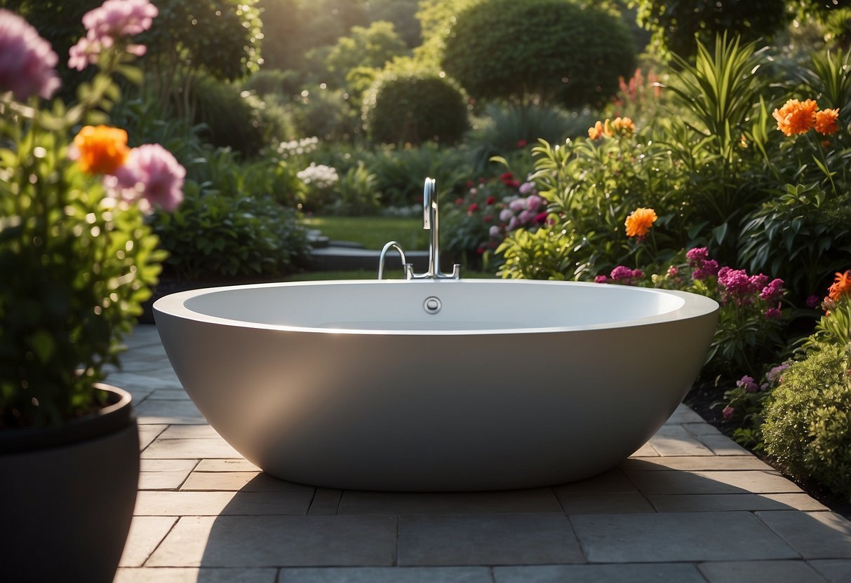 A sleek, modern oval tub sits in a lush garden setting, surrounded by vibrant greenery and colorful flowers, creating a tranquil and luxurious outdoor oasis