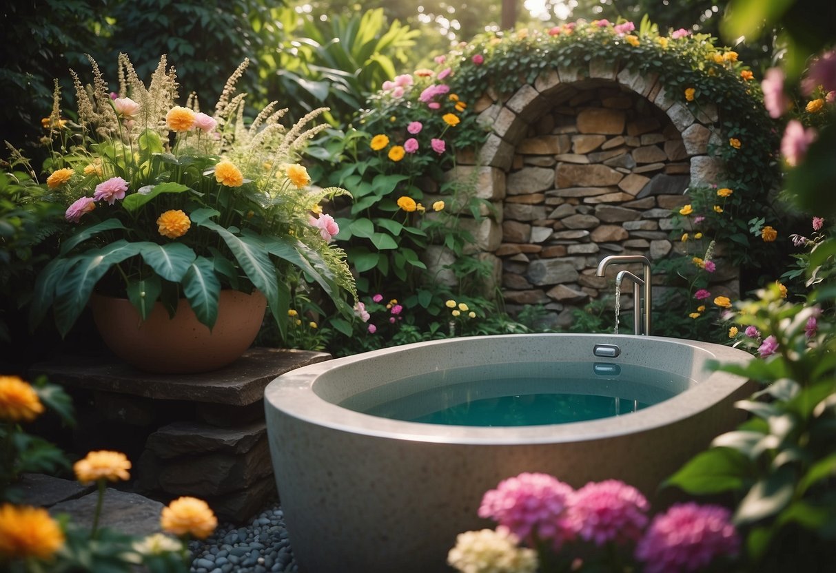 A stone resin tub sits in a lush garden, surrounded by vibrant flowers and lush greenery. The tub is the focal point, exuding a sense of tranquility and luxury