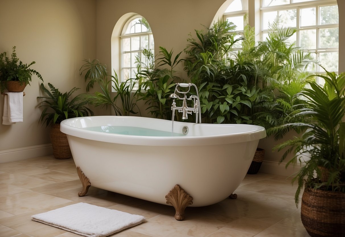 A spacious bathroom with a large, luxurious garden tub as the focal point. Surrounding the tub are lush green plants and colorful flowers, creating a serene and natural atmosphere