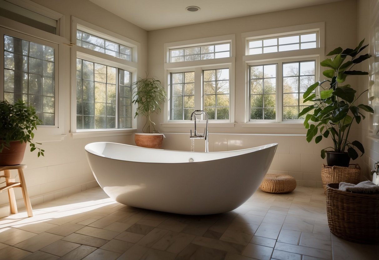 A garden tub sits in a spacious bathroom, surrounded by tile and natural light. Various replacement ideas, such as a sleek modern tub or a vintage clawfoot design, are displayed nearby