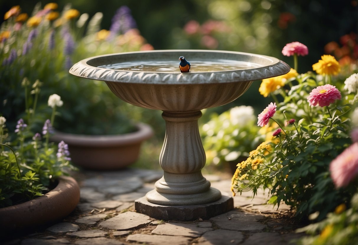 A vintage bird bath sits in a cottage garden, surrounded by colorful flowers and lush greenery