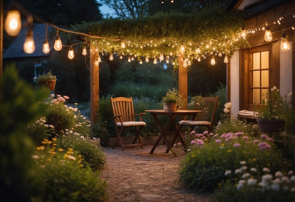 A cozy cottage garden glows with twinkling fairy lights, creating a whimsical and enchanting atmosphere. Flowers and plants surround the glowing lights, adding to the magical ambiance