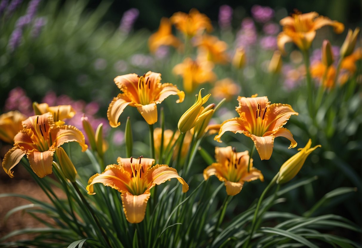 Vibrant daylilies intermingle with lush perennials in a sun-drenched garden bed, creating a colorful and dynamic landscape