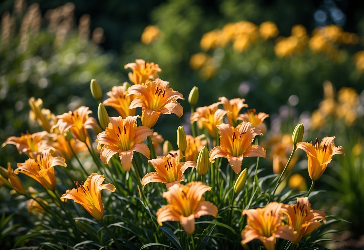 Vibrant daylilies bloom in a sun-drenched garden, their colorful petals reaching towards the sky. Surrounding them, lush green foliage provides a striking contrast, creating a picturesque scene for a full sun area