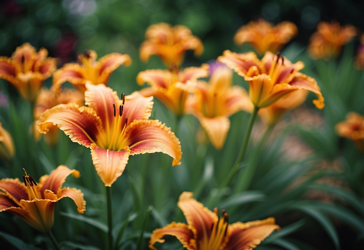 A lush garden filled with vibrant daylilies stretches across the ground, creating a stunning and colorful ground cover. The flowers bloom in various shades of orange, yellow, and red, adding a pop of color to the landscape