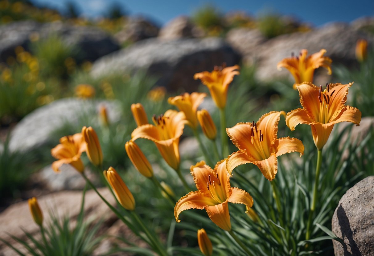 Vibrant daylilies bloom among rocky terrain, adding a pop of color to the garden landscape