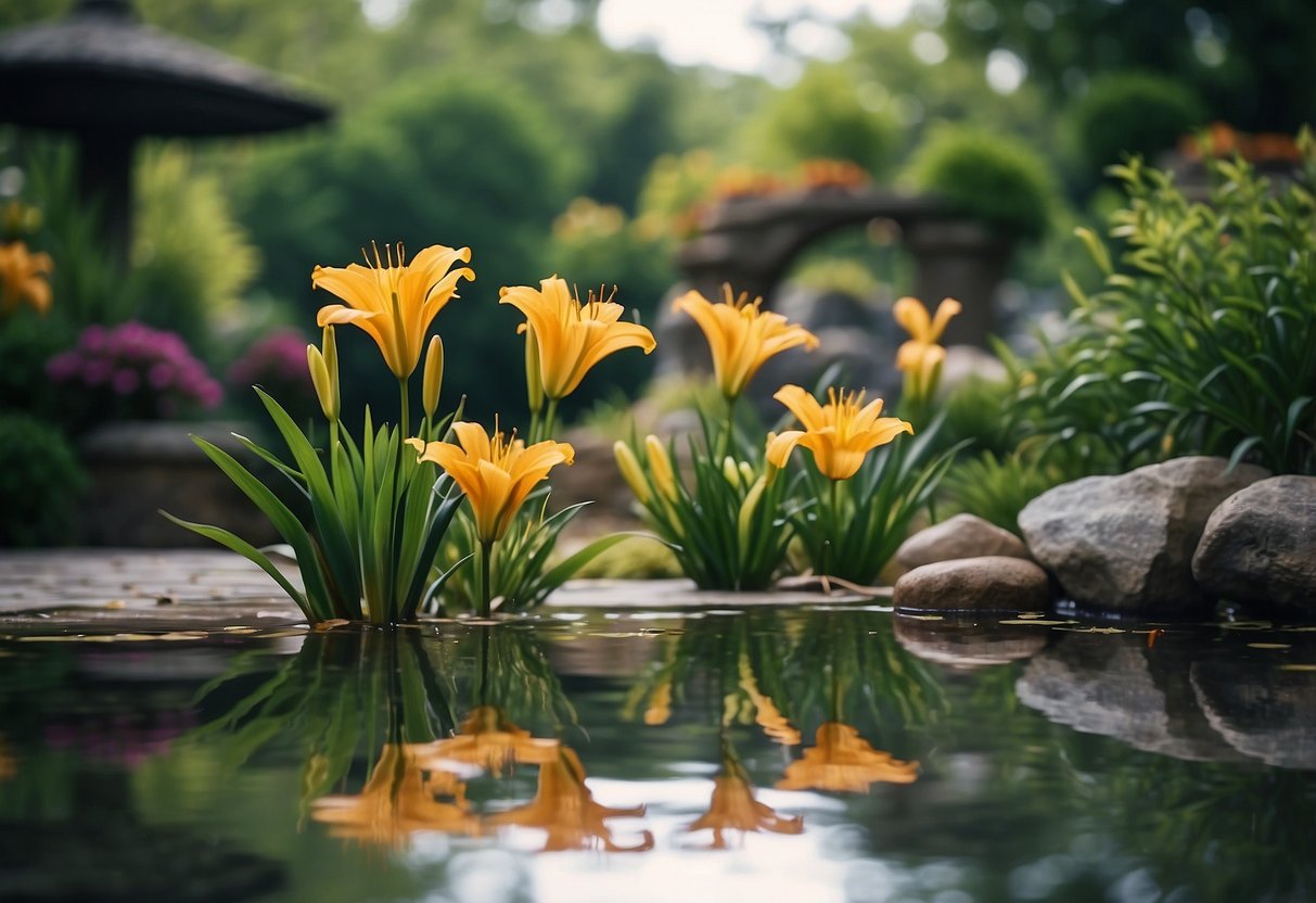 Vibrant daylilies bloom around tranquil water features in a lush garden setting