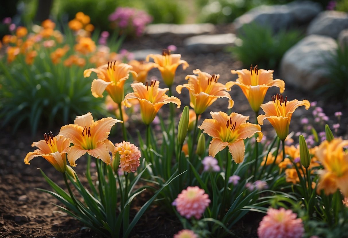 Bright daylilies in various colors bloom in a well-planned garden. Mulch and decorative rocks line the pathways, creating a serene and organized space