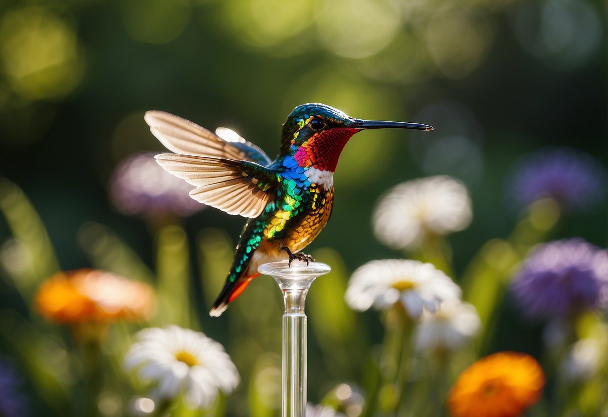 A colorful hummingbird fused glass stake stands tall in a vibrant garden, catching the sunlight and casting beautiful reflections