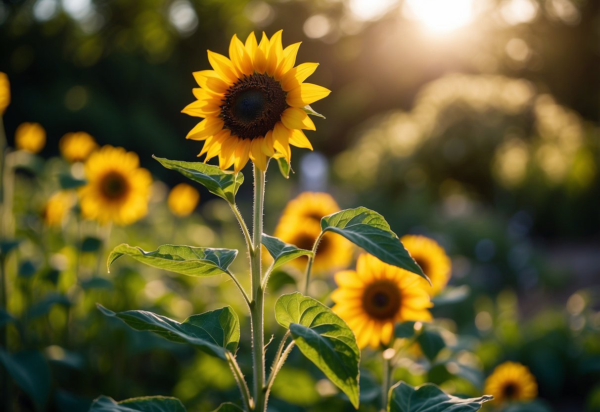 A vibrant sunflower garden stake stands tall among lush greenery, its fused glass petals catching the sunlight, creating a dazzling display of color and light