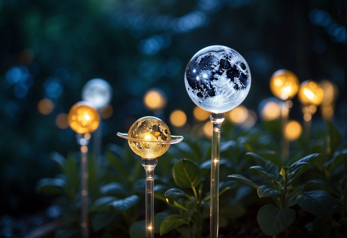 The moon and stars fused glass garden stakes shimmer in the moonlight, casting a soft, ethereal glow over the garden