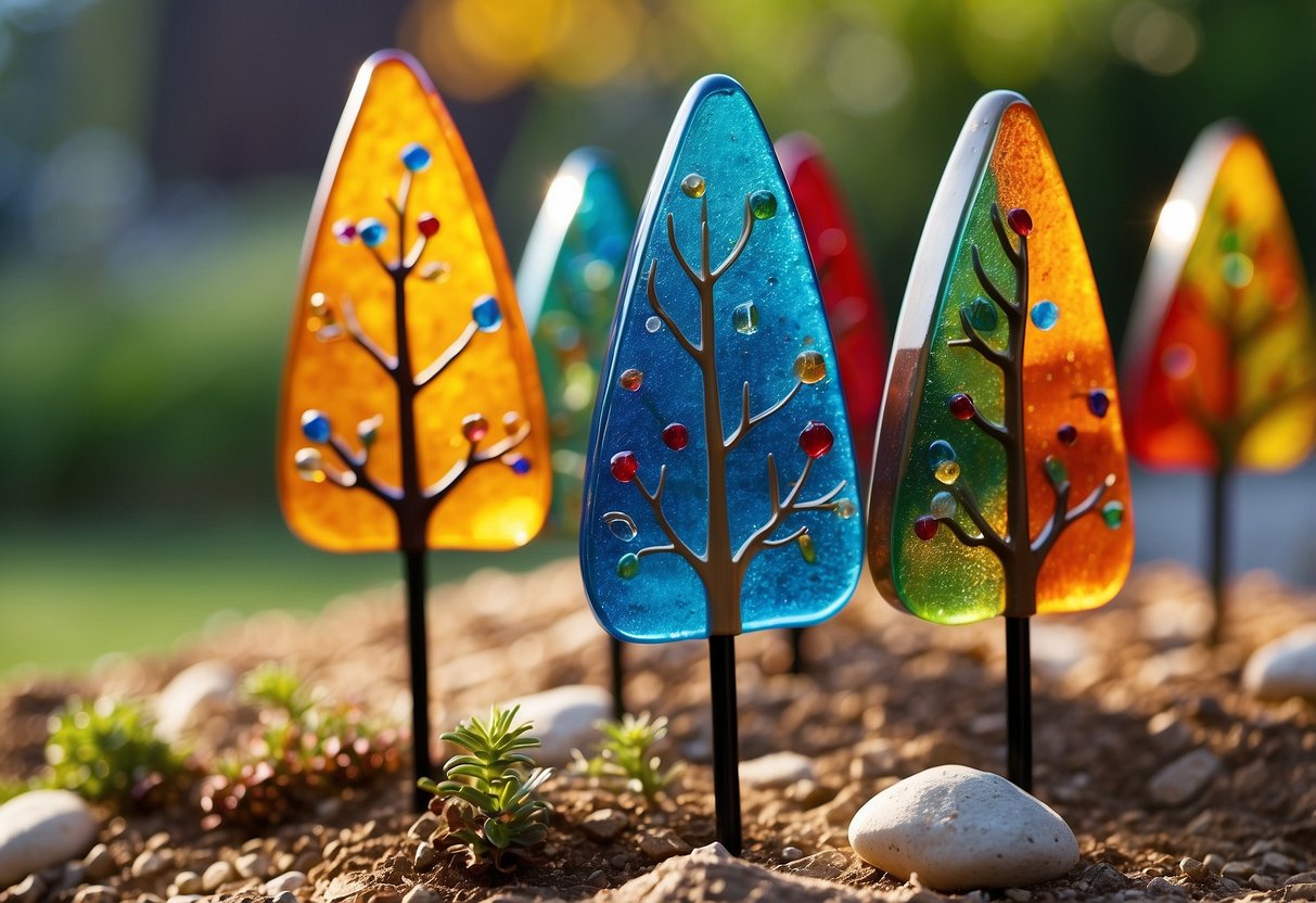 Vibrant fused glass garden stakes, depicting seasonal holiday themes. Bright colors and intricate designs bring a festive touch to any outdoor space