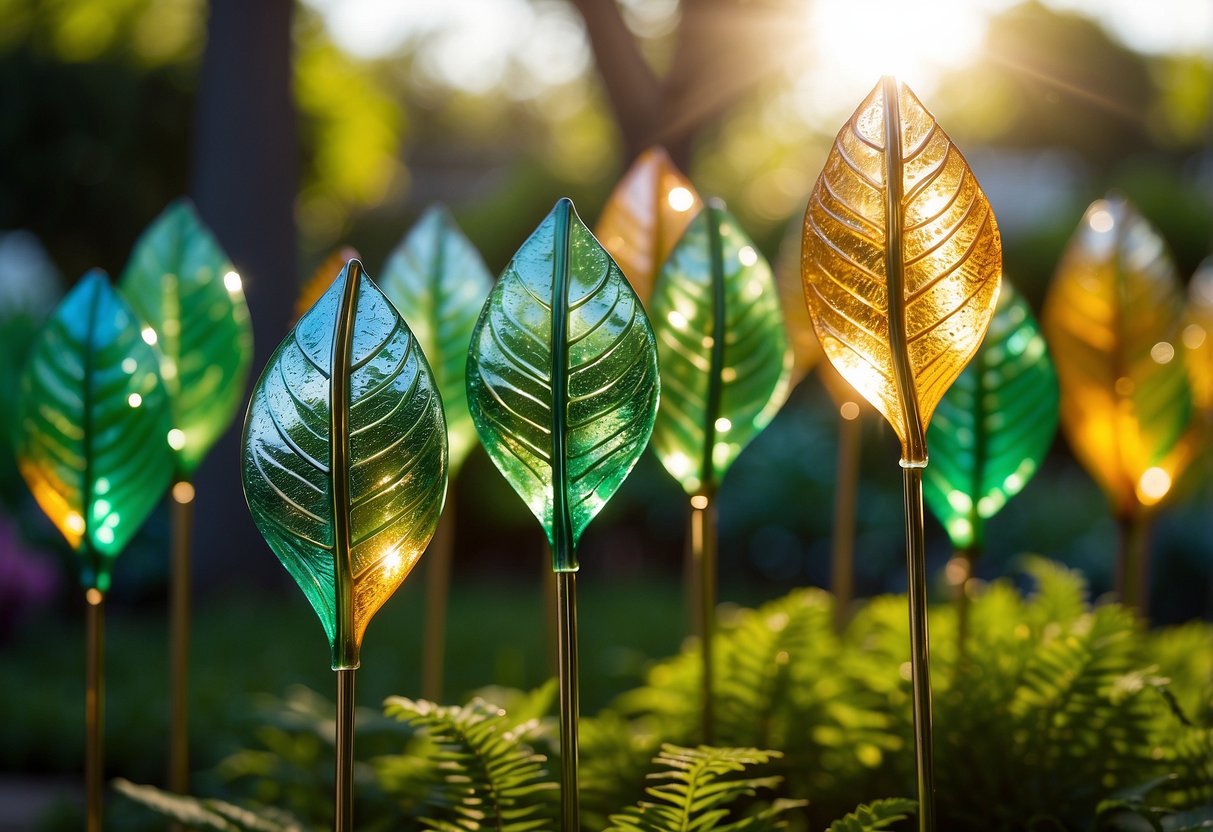 Vibrant, intricate glass garden stakes shaped like leaves, reflecting the sunlight in a lush, green garden setting