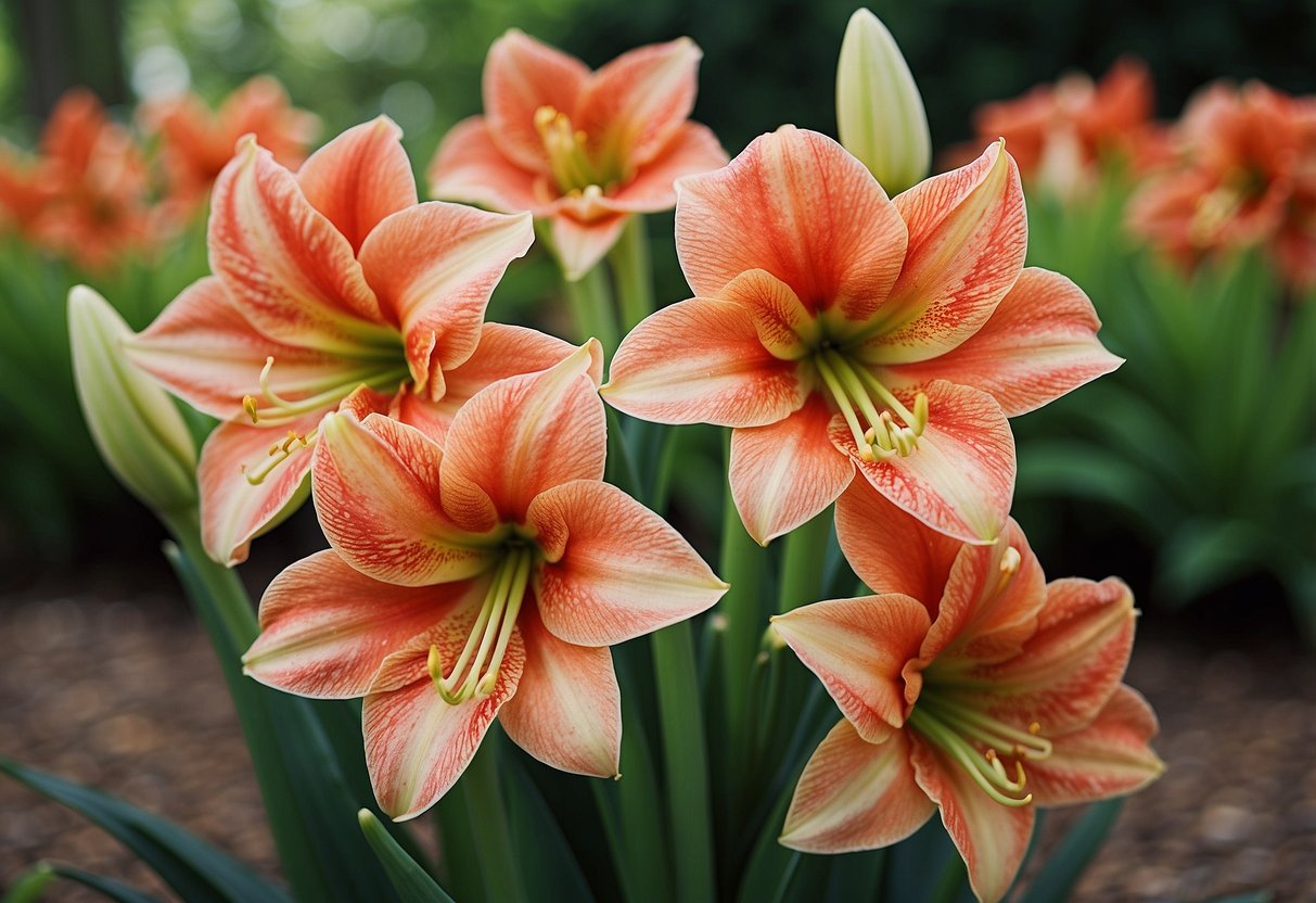 A vibrant display of double-flowered amaryllis arranged in a garden setting, surrounded by lush green foliage and colorful blooms