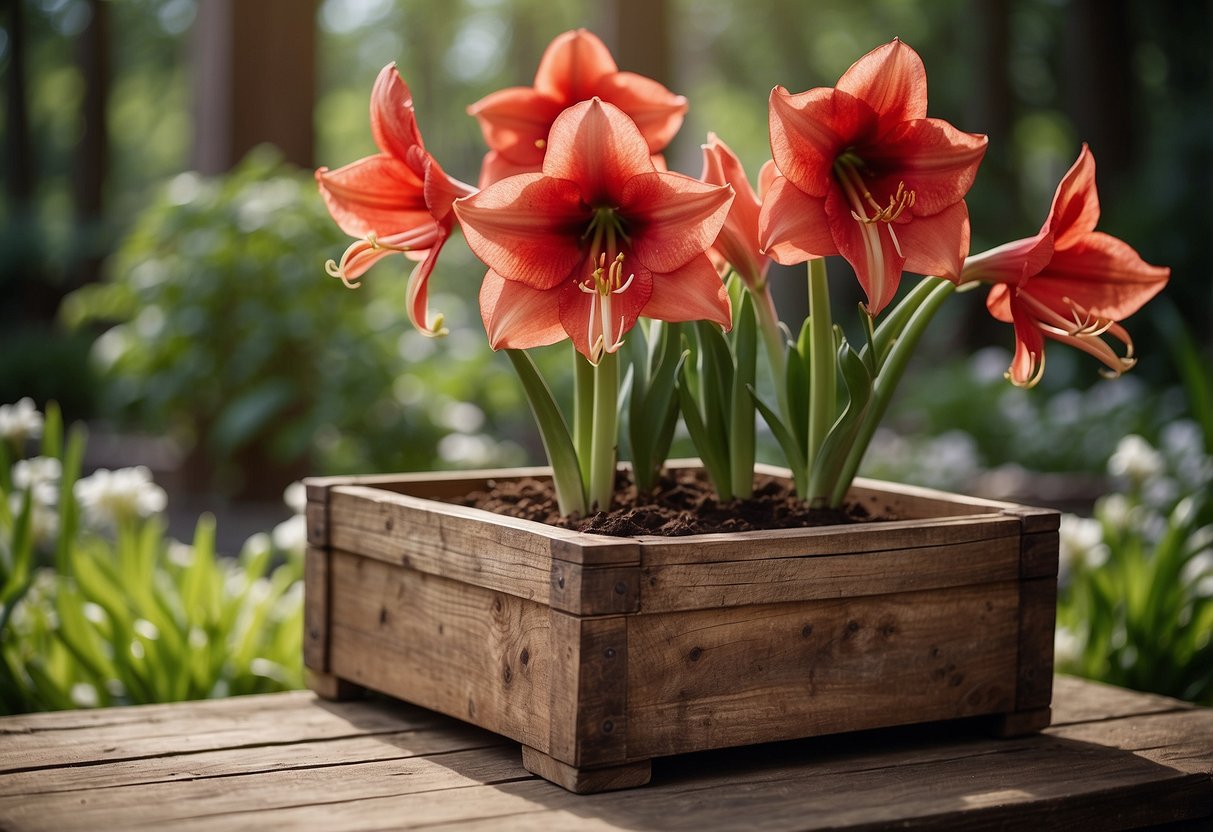 A rustic wooden box overflows with vibrant amaryllis blooms, surrounded by lush green foliage and dappled sunlight