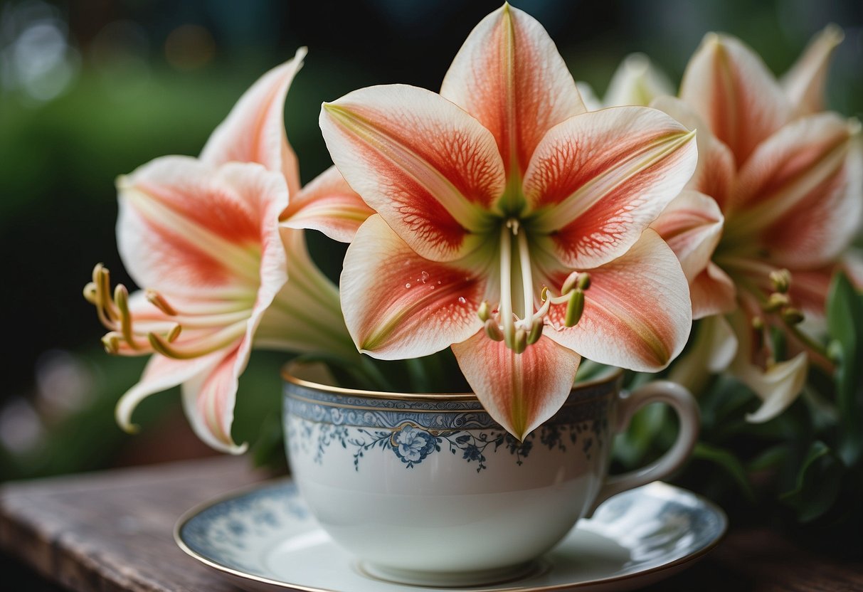 An amaryllis blooms in a teacup garden, surrounded by lush greenery and delicate flowers