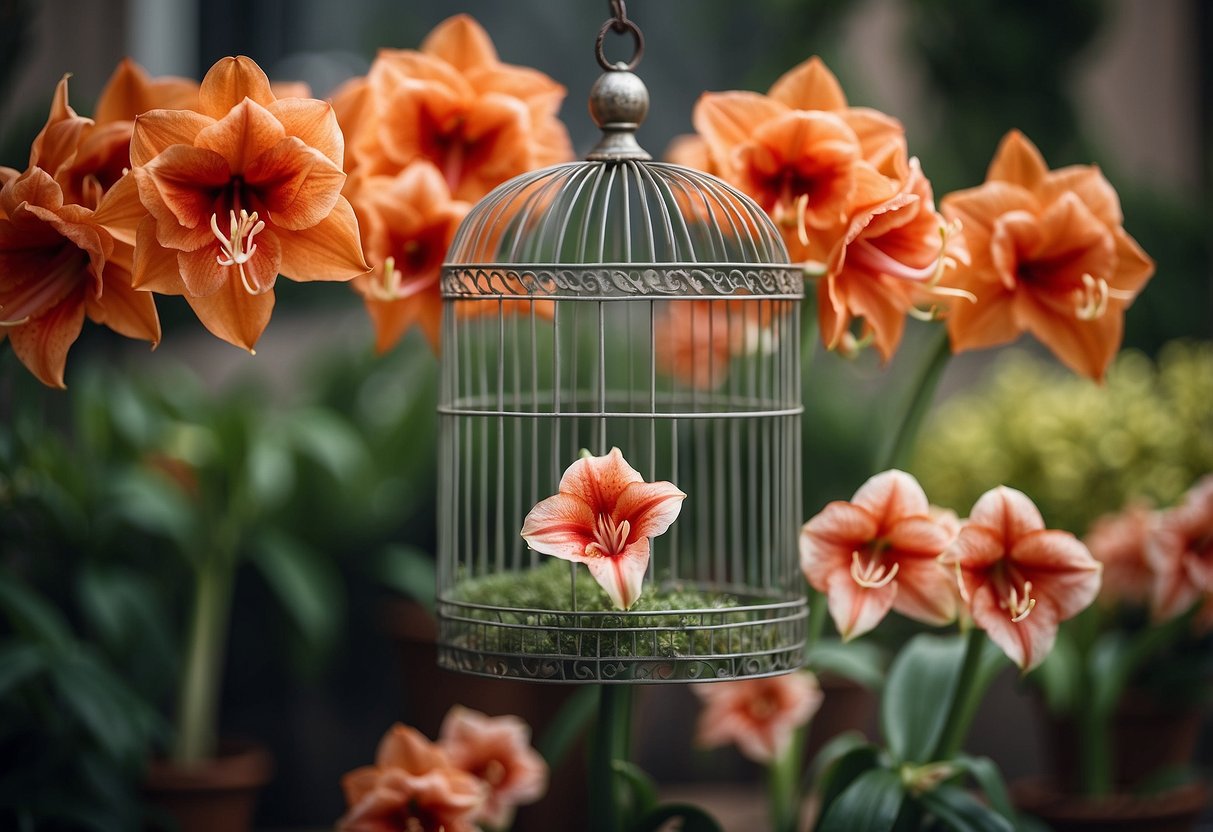 A vintage birdcage holds a vibrant display of amaryllis flowers, creating a stunning garden idea