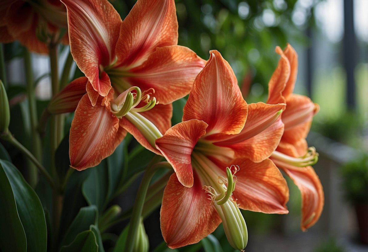 Vibrant amaryllis flowers hang from a garden trellis, their long green leaves cascading down in a lush display of color and texture