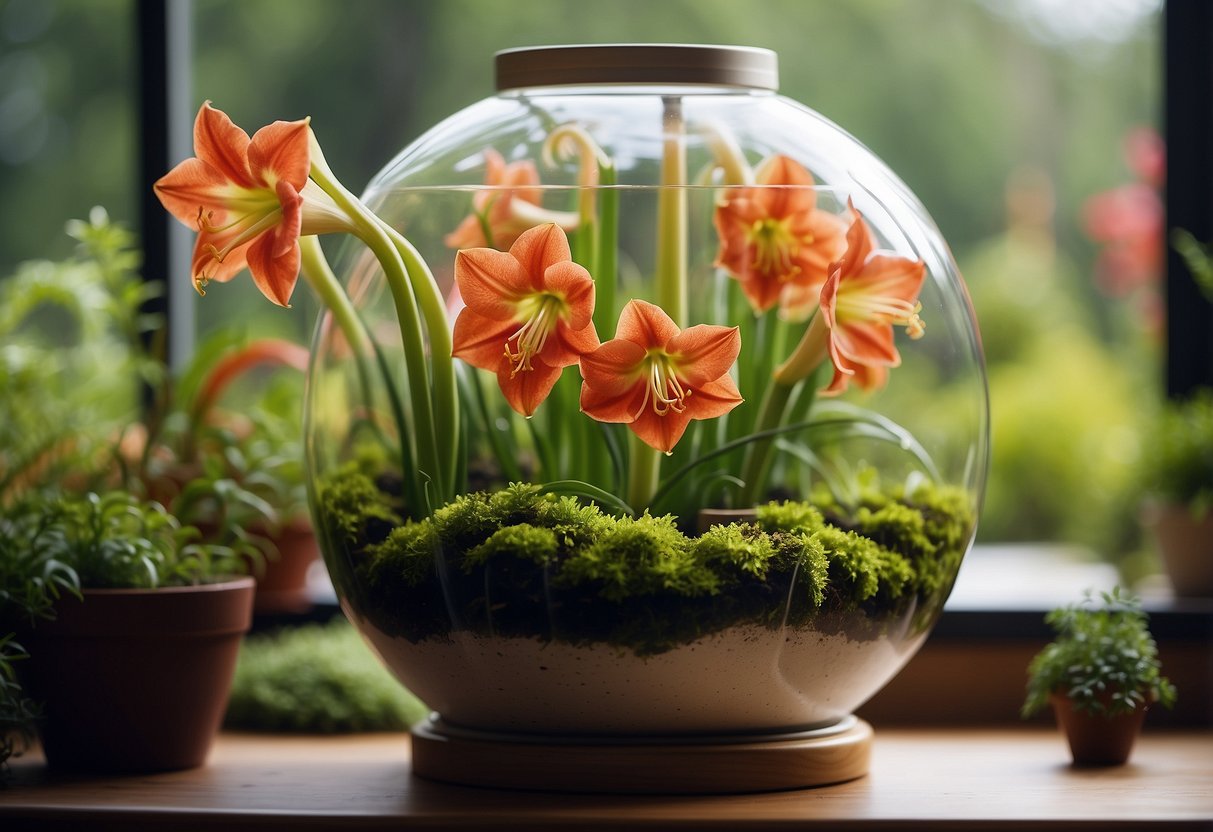 A lush terrarium filled with vibrant amaryllis blooms and verdant moss, creating a miniature garden oasis