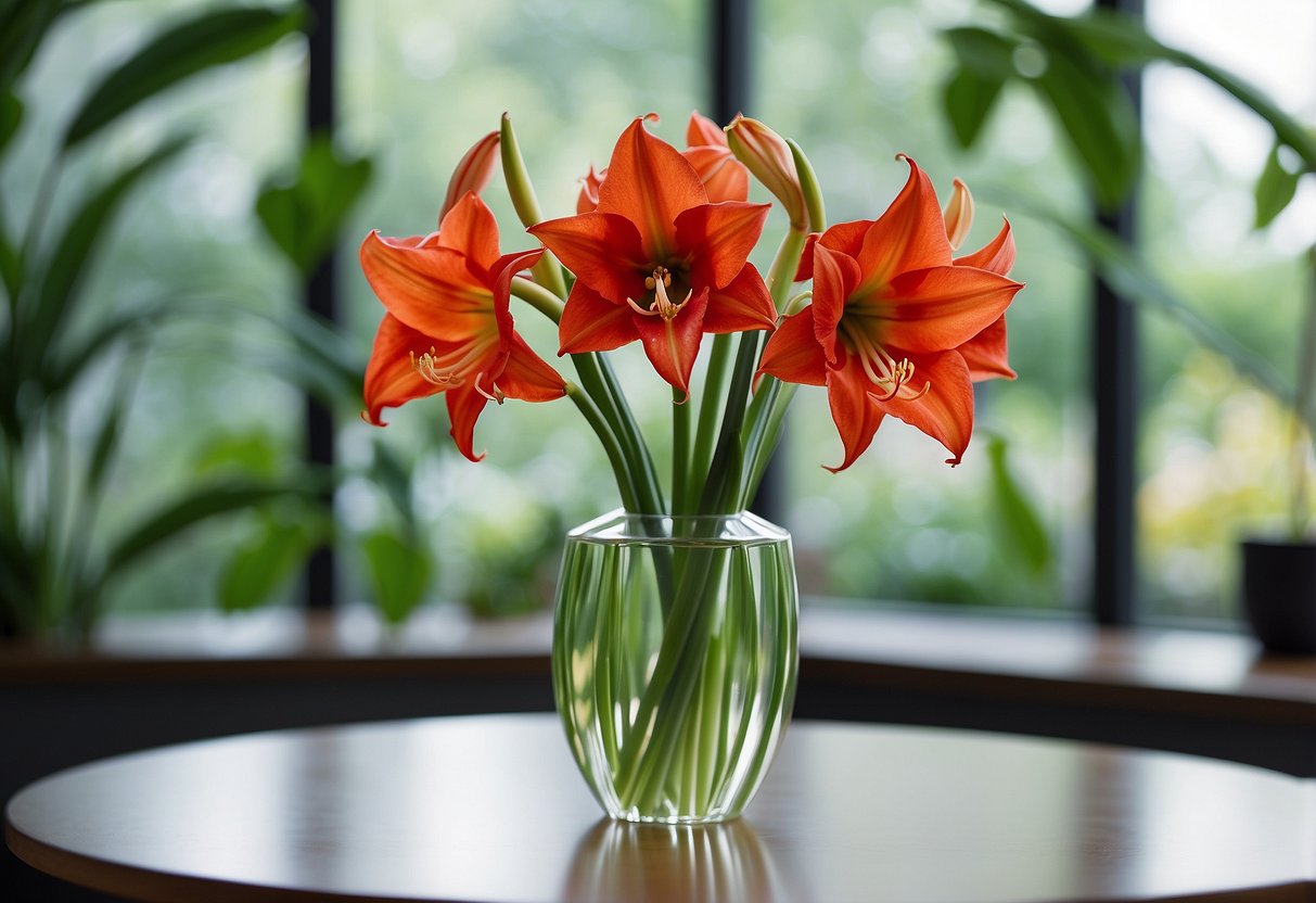 A modern glass vase holds a vibrant amaryllis, surrounded by lush garden foliage