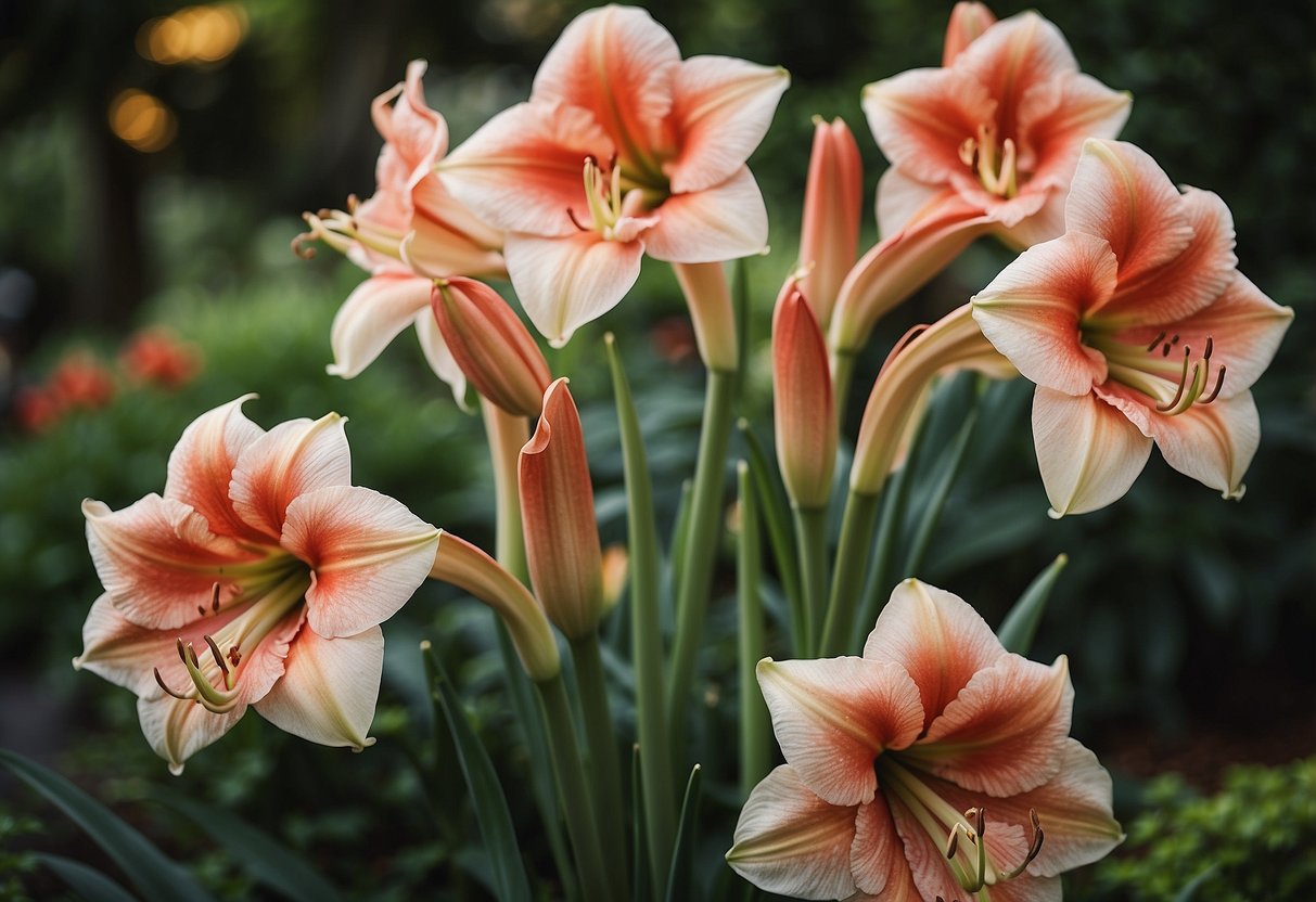 Amaryllis blooms in a lush garden, surrounded by vibrant greenery and colorful flowers. The tall, elegant stems stand out against the backdrop, adding a touch of elegance to the overall garden design