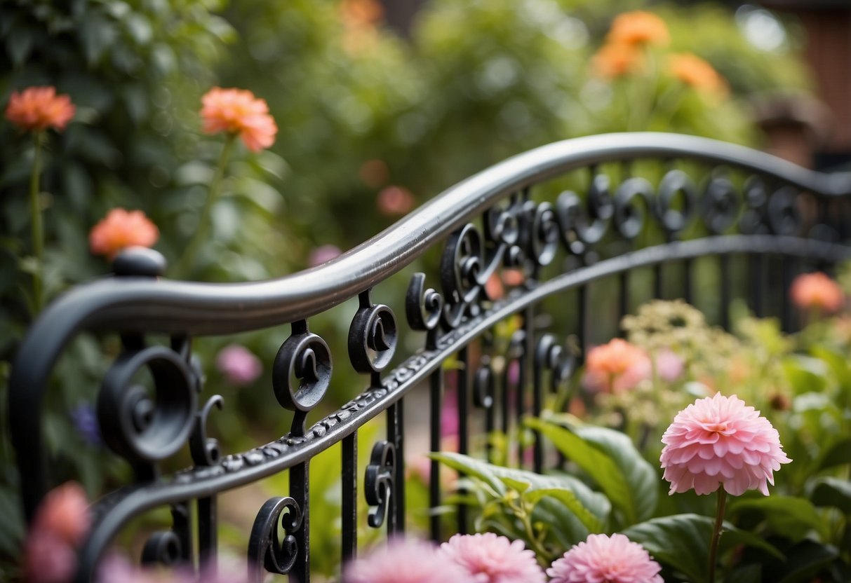 A curved wrought iron handrail winds its way through a lush garden, surrounded by vibrant flowers and greenery