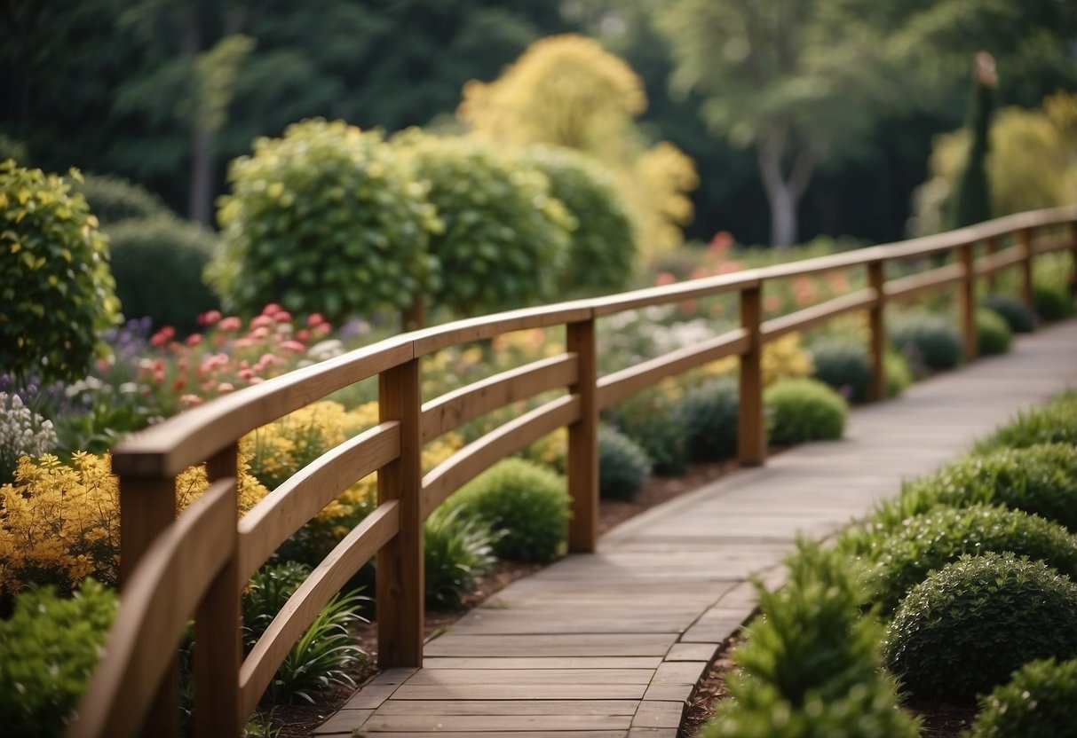 Wooden garden handrails line a path, leading to a lush garden