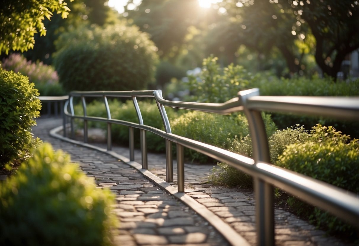 A sleek stainless steel handrail curves along a garden path, blending seamlessly with the surrounding greenery