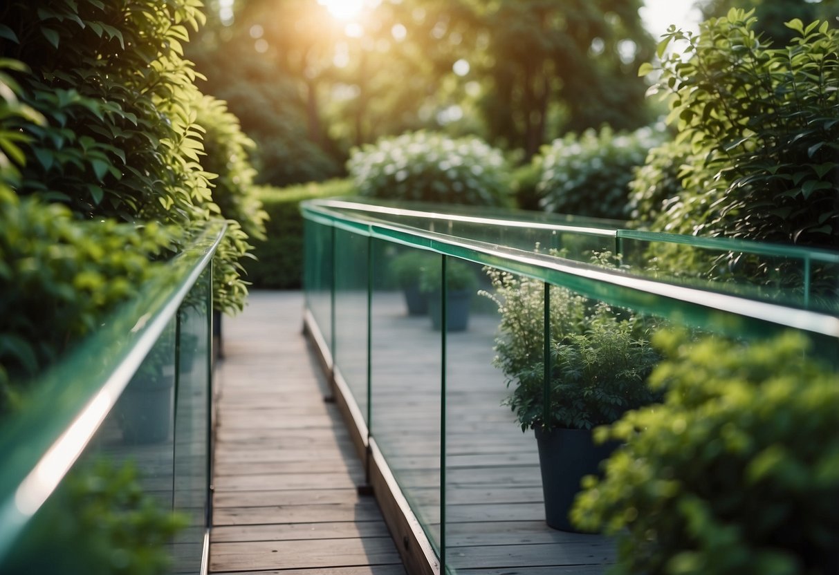 A glass panel handrail lines a lush garden path, reflecting the vibrant greenery and adding a modern touch to the outdoor space