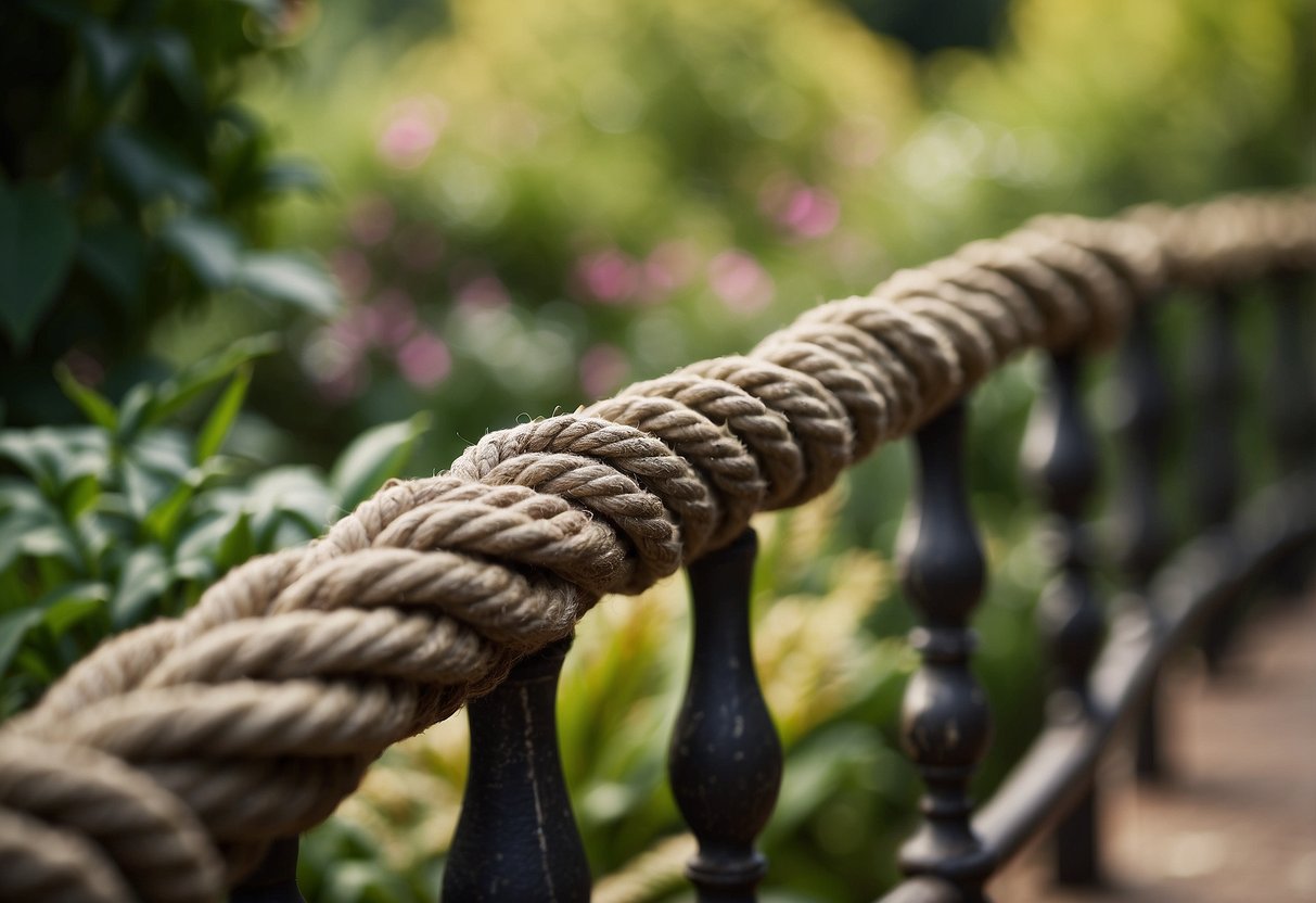 A rustic rope handrail winds through a lush garden, guiding visitors along a meandering path