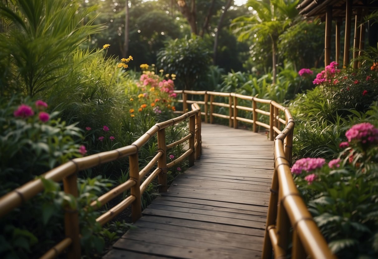 A serene garden with bamboo handrails winding along a path, surrounded by lush greenery and colorful flowers