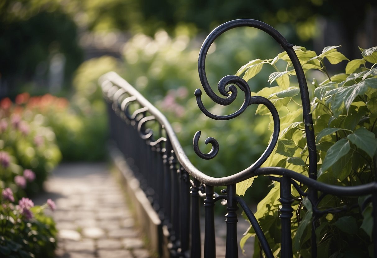 A weathered metal handrail winds through a lush garden, adorned with climbing vines and delicate flowers