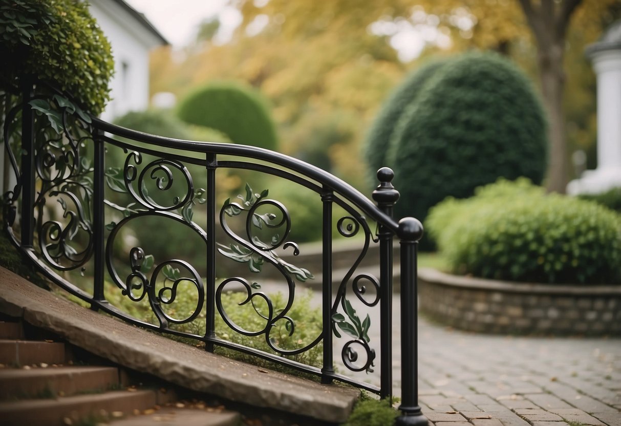 A sturdy metal handrail curves along the garden path, with decorative scrollwork and a smooth finish for safety and aesthetic appeal