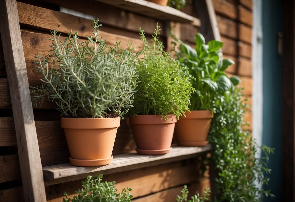 A wooden ladder adorned with potted herbs, hanging on a sunny outdoor wall. A mix of basil, rosemary, and thyme in colorful pots